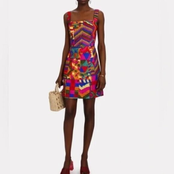 Farm Rio Mixed Patchwork Geometric Button Front Mini Dress Multicolor | Size L
